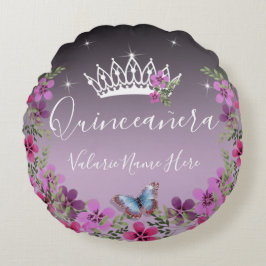 Coussins Ronds Fleurs et papillon Quinceanera violet