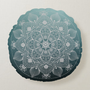 Coussins Ronds Fleurs, Feuilles, Mandala Floral à la dentelle bl