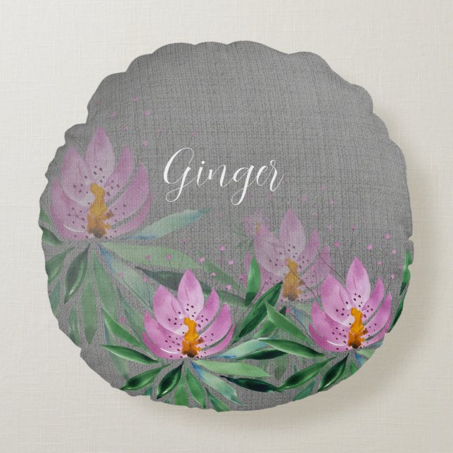 Coussins Ronds Fleurs Fleurir Violet Aquarelle Art Monogramme (Devant)