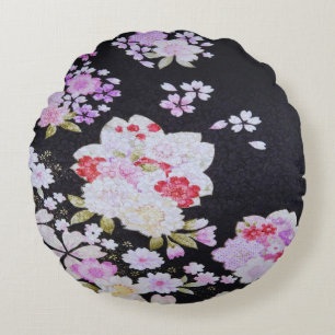 Coussins Ronds Fleurs florales japonaises traditionnelles noires