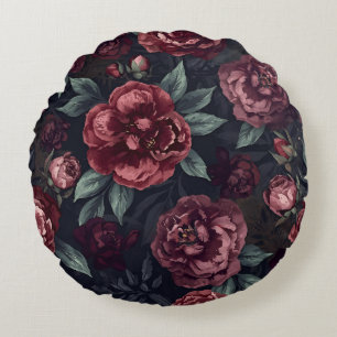 Coussins Ronds Fleurs lunatiques motif aquarelle rouge foncé