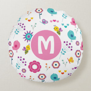 Coussins Ronds Fleurs mignonnes et oiseaux Motif Personnalisé