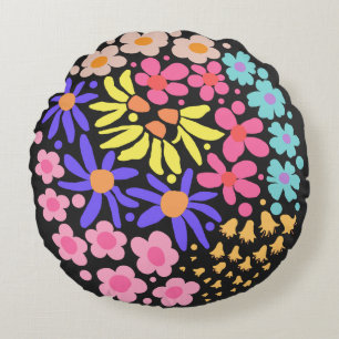 Coussins Ronds Fleurs modernes et élégantes Noir