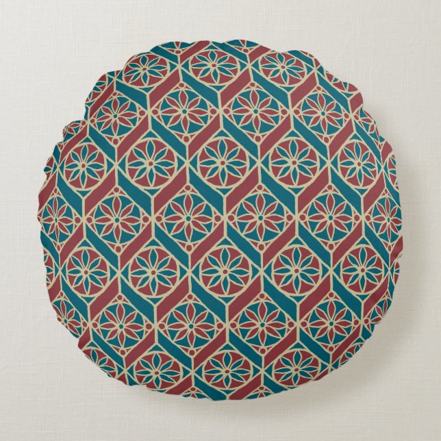Coussins Ronds Fleurs Motifs ethniques de marron beige turquoise, (Devant)