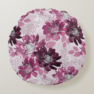 Coussins Ronds Fleurs roses et bordeaux sur rose poussiéreux