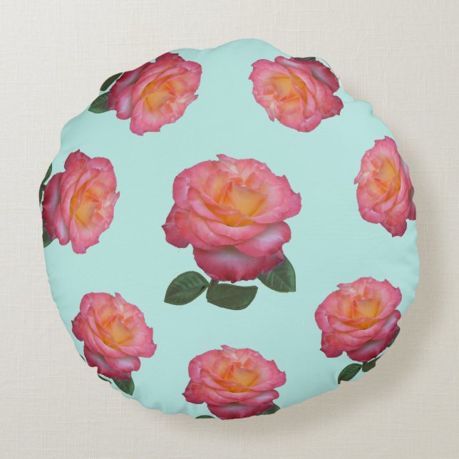Coussins Ronds Fleurs roses roses sur bleu clair (Dos)