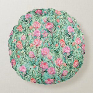Coussins Ronds Fleurs roses, vert sauge, sans soudure.