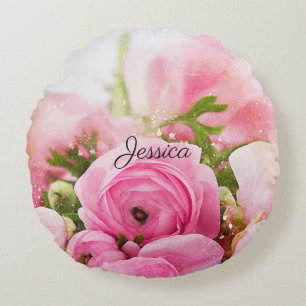Coussins Ronds Fleurs roses vintages avec votre nom