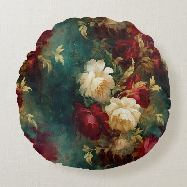 Coussins Ronds Fleurs rouges blanches vertes (Devant)