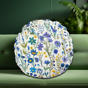 Coussins Ronds Fleurs sauvages de Jardin Bleu Rustique