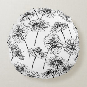 Coussins Ronds Fleurs sauvages en noir et blanc