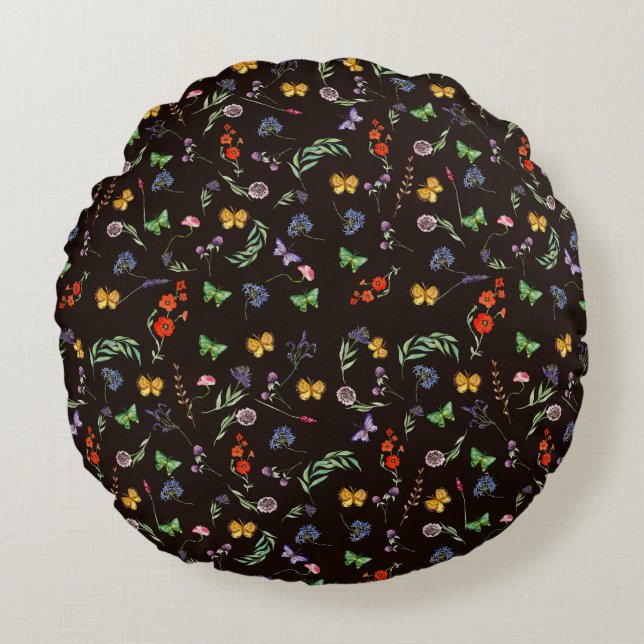 Coussins Ronds Fleurs sauvages romantiques et papillons noirs (Devant)