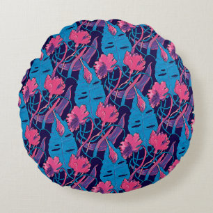 Coussins Ronds Fleurs sauvages tropicales bleues roses modernes e