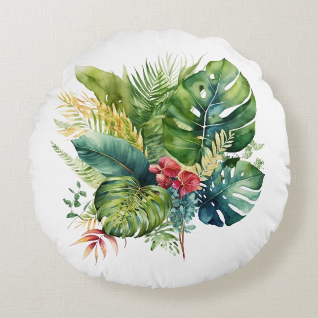 Coussins Ronds Fleurs tropicales roses feuillage vert palmier (Devant)