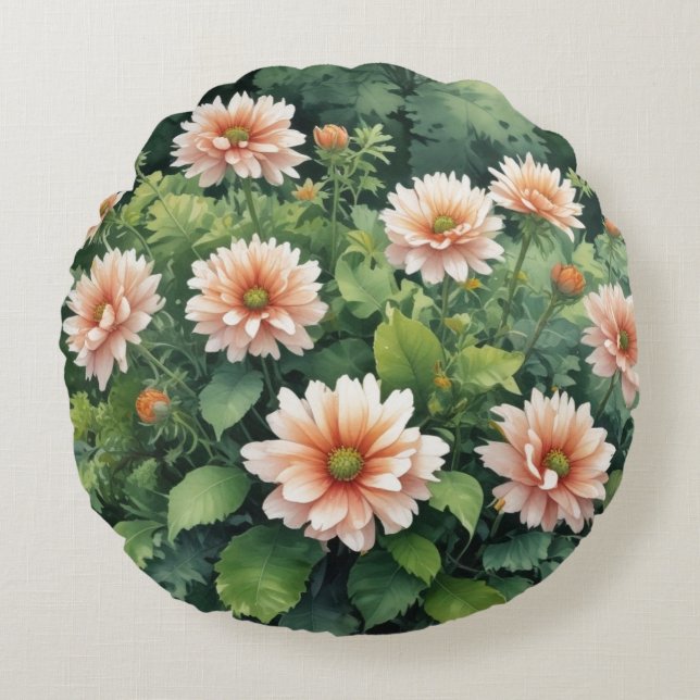 Coussins Ronds Fleurs Verdure Elégante Aquarelle (Devant)