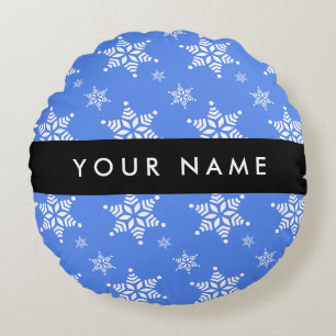Coussins Ronds Flocons de neige blancs, Bleu, Votre nom, Personna