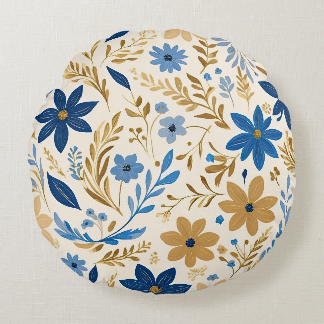 Coussins Ronds Floral bleu or et blanc (Devant)