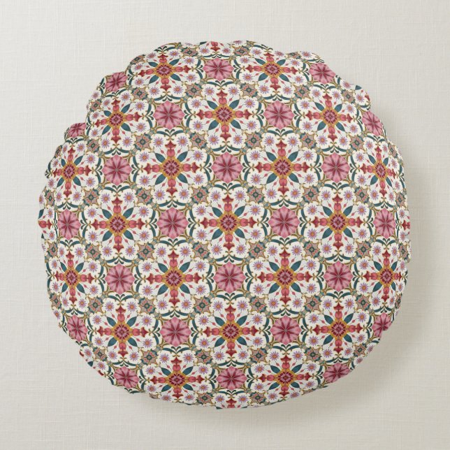 Coussins Ronds Floral Boho Pattern in Red, Pink & Teal (Devant)