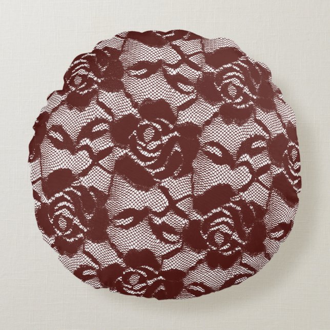 Coussins Ronds Floral de dentelle rouge de Bourgogne (Devant)