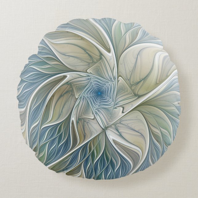 Coussins Ronds Floral Dream Motif Abstrait Blue Khaki Fractal (Devant)