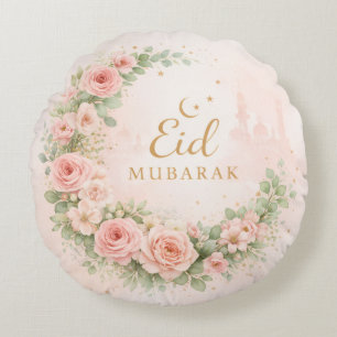Coussins Ronds Floral Eid Mubarak – Cadeau Islamique Rose Pâle