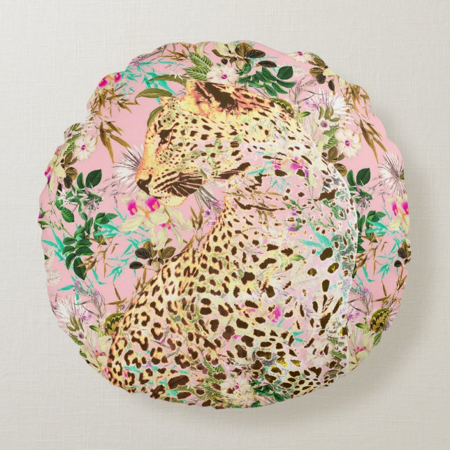 Coussins Ronds Floral empreinte de léopard tropical hawaïen (Devant)