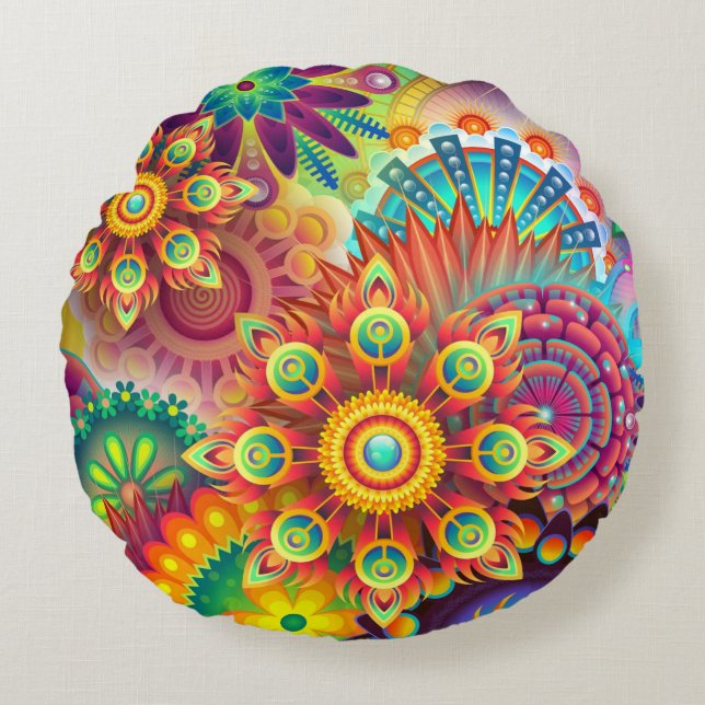 Coussins Ronds Floral Mandala Collage psychédélique (Devant)