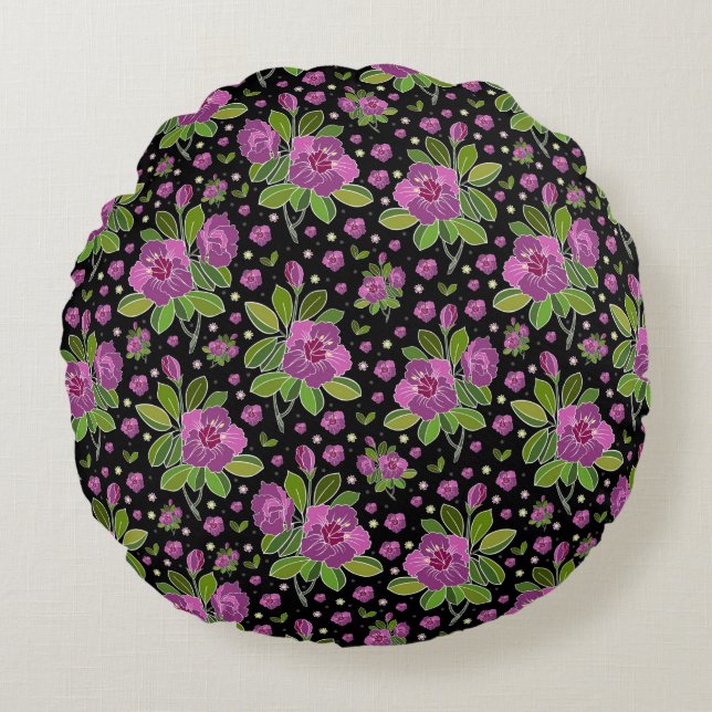 Coussins Ronds Floral Pattern Lilac Pink Green Black (Devant)