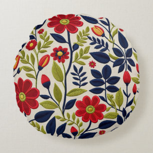 Coussins Ronds Floral rouge, vert, bleu et blanc