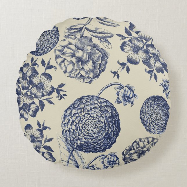 Coussins Ronds Flore d'impression florale de fleurs bleues antiqu (Devant)