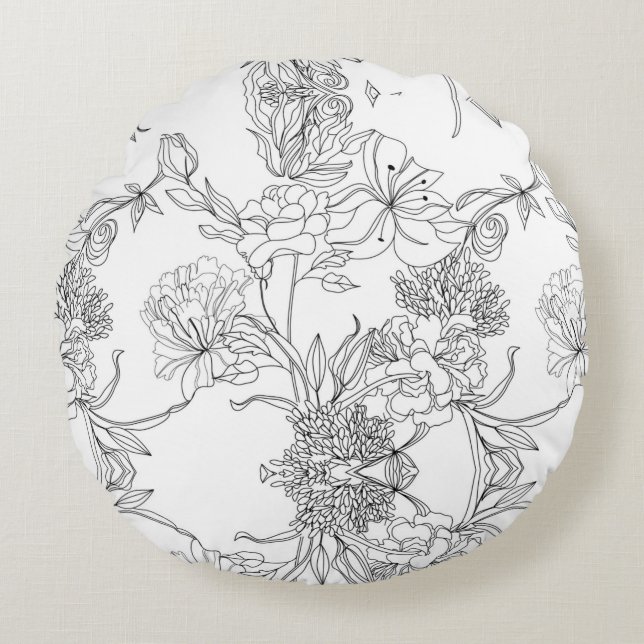 Coussins Ronds Flore noire et blanche (Devant)