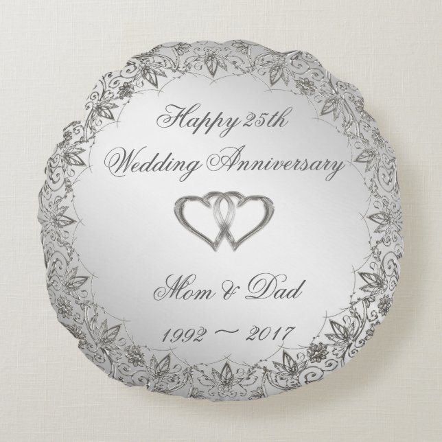 Coussins Ronds Flourish Silver 25e anniversaire Mariage (Devant)