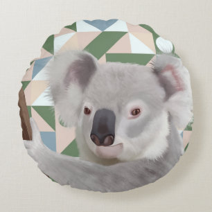 Coussins Ronds Fluffy Koala Green Arrière - plan géométrique