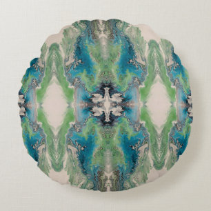 Coussins Ronds Fluide Artistique Abstrait en Aqua et Vert