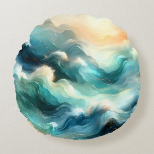 Coussins Ronds Flux d'océan doré Vagues abstraites