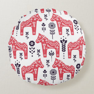 Coussins Ronds Folk swedish horse floral seamless pattern. 