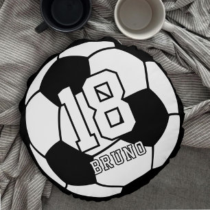 Coussins Ronds Football de Soccer Noir & Blanc Nom & Numéro de Ma
