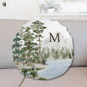 Coussins Ronds Forêt de pins verts et lac monogrammés