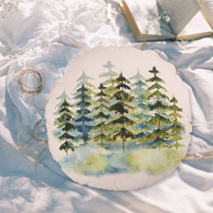 Coussins Ronds Forêt de pins vintage verte et brumeuse