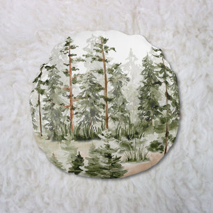 Coussins Ronds Forêt Verte Rustique Aquarelle