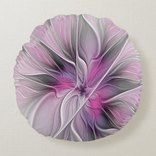 Coussins Ronds Fractal Floral Moderne Abstrait Fleur Rose Gris