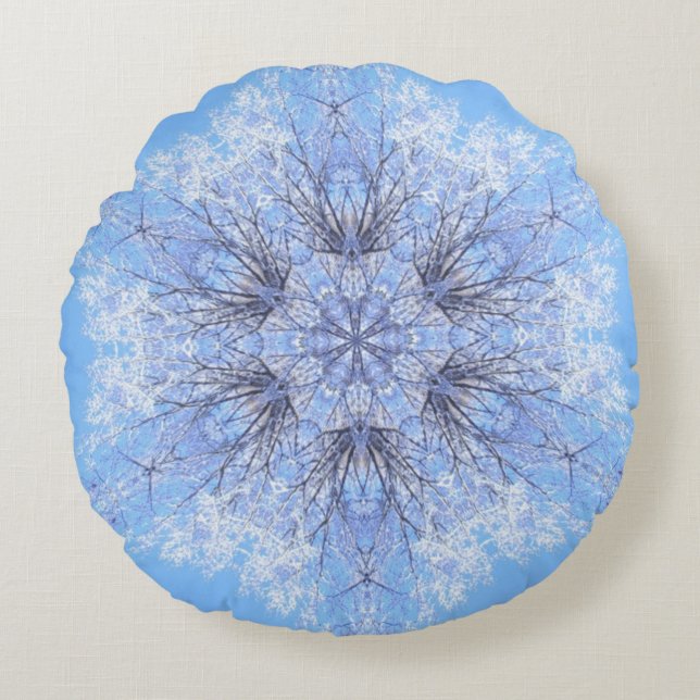 Coussins Ronds Fractale bleue sensible de flocon de neige (Devant)