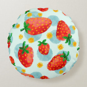 Coussins Ronds Fraises et marguerites bleu aquarelle