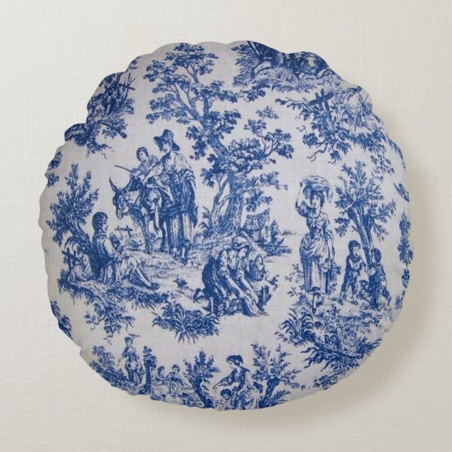 Coussins Ronds Française toile de jouy bleu et blanc élégant (Devant)