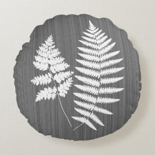 Coussins Ronds Fronds de fougères, blanc sur gris charbon / gris
