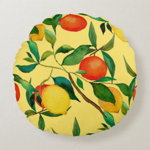 Coussins Ronds Fruits d'agrumes, motif d'aquarelle vibrante.
