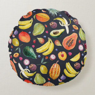 Coussins Ronds Fruits tropicaux : Aquarelle Motif Multifruit.