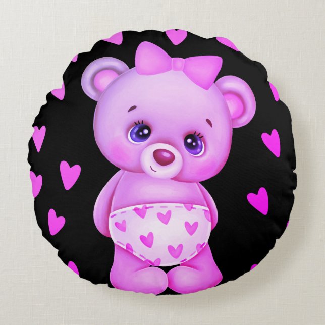 Coussins Ronds Fuchsia Heart Print Teddy Bear Jeu d'oreiller (Devant)