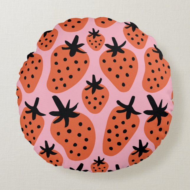 Coussins Ronds Fun fraise, design artisanal sans couture. (Devant)