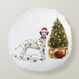 Coussins Ronds Funny Noël Dalmatien Chien et Arbre